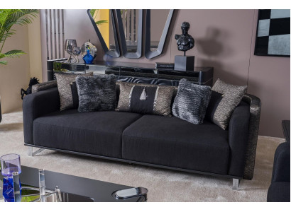 Sofa Trzyosobowa 240cm Czarna Luksusowa Kanapa Sofy Meble Włókiennicze Materiał Aksamit Zestaw 3 szt.
