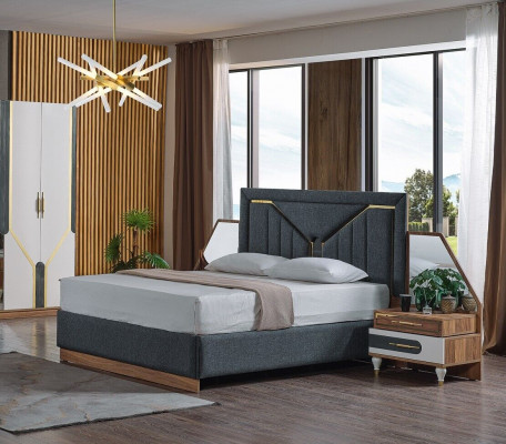 Luksusowy Zestaw Sypialnia Łóżko + 2x Szafki nocne + Szafa Drewno Kompletny New Modern