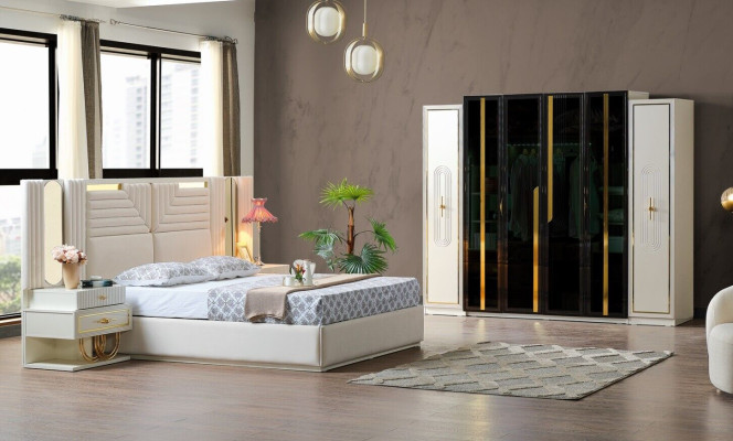 Nowoczesny Zestaw Sypialnia Łóżko + 2x Szafki nocne +Szafa Design Meble 4szt
