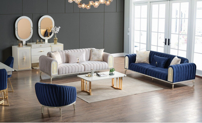 Zestaw sofowy 3+3+1 miejsce do siedzenia Zestaw do salonu Kompletny Włókienniczy Sofa Fotel Drewno Niebieski