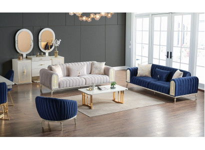 Zestaw sofowy 3+3+1 miejsce do siedzenia Zestaw do salonu Kompletny Włókienniczy Sofa Fotel Drewno Niebieski