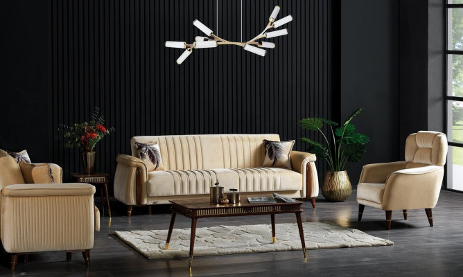 Zestaw sofowy 3+3+1 miejsce do siedzenia Zestaw do salonu Kompletny Włókienniczy Sofa Fotel Drewno Beżowy