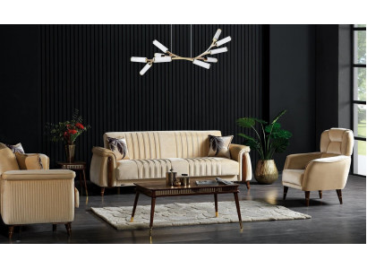 Zestaw sofowy 3+3+1 miejsce do siedzenia Zestaw do salonu Kompletny Włókienniczy Sofa Fotel Drewno Beżowy