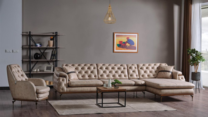 Luksusowy zestaw do salonu Fotel Narożnikowa kanapa Nowoczesny zestaw Chesterfield w kształcie litery L