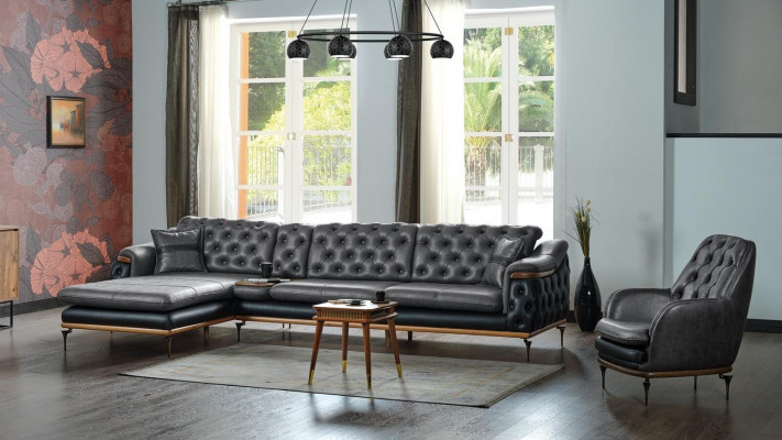 Czarny Zestaw do Salonu Narożnikowa kanapa Fotel Modern Chesterfield w kształcie litery L. Kompletny