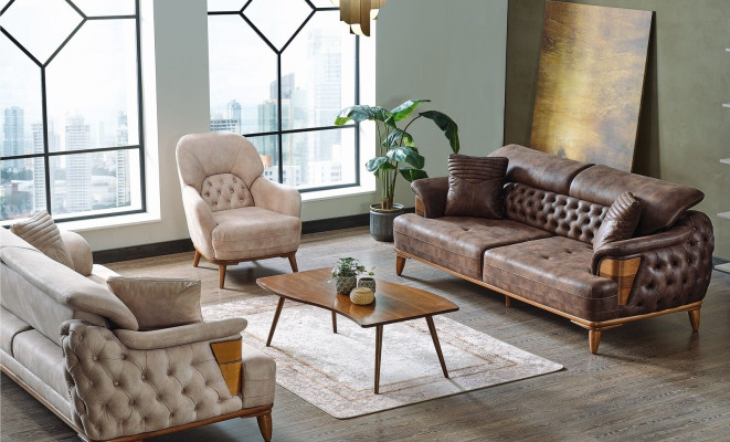 Zestaw sofowy 3+3+1 Drewno Salon Luksusowa Sofa Chesterfield Materiał Nowy Komplet