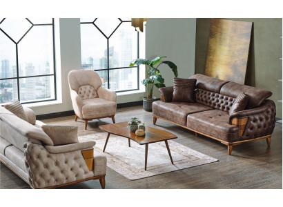 Zestaw sofowy 3+3+1 Drewno Salon Luksusowa Sofa Chesterfield Materiał Nowy Komplet