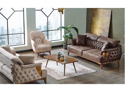 Zestaw sofowy 3+3+1 Drewno Salon Luksusowa Sofa Chesterfield Materiał Nowy Komplet