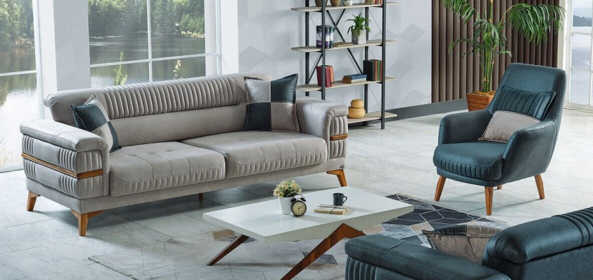 Zestaw sofowy 3+1 miejsce do siedzenia Włókienniczy Drewno Sofa 3 miejsce do siedzenia Modern Fotel Kompletny Nowy