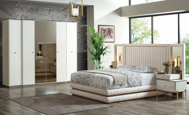 Sypialnia Zestaw Łóżko 2x Szafki nocne Szafa Design Meble 4 szt. beżowy