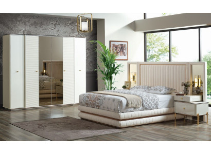 Sypialnia Zestaw Łóżko 2x Szafki nocne Szafa Design Meble 4 szt. beżowy