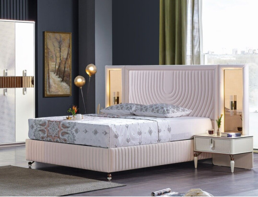 Luksusowy Zestaw Sypialnia Łóżko + 2x Szafki nocne Drewno Kompletny Modern