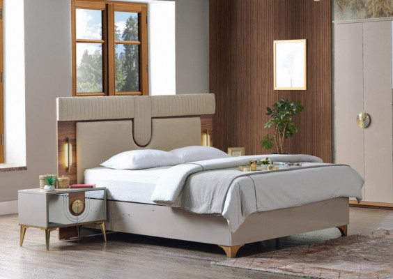 Luksusowy Zestaw Sypialnia Łóżko + 2x Szafki nocne Drewno Kompletny New Modern