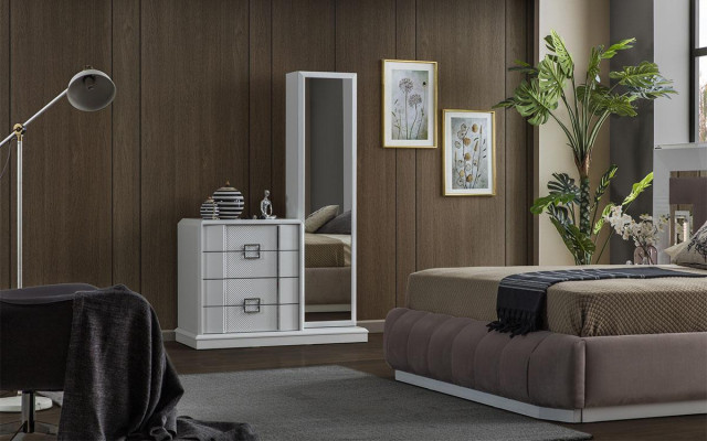 Nowoczesny Zestaw Sypialnia Łóżko + 2x Szafki nocne + Kredens z Lustro Luxury Nowość