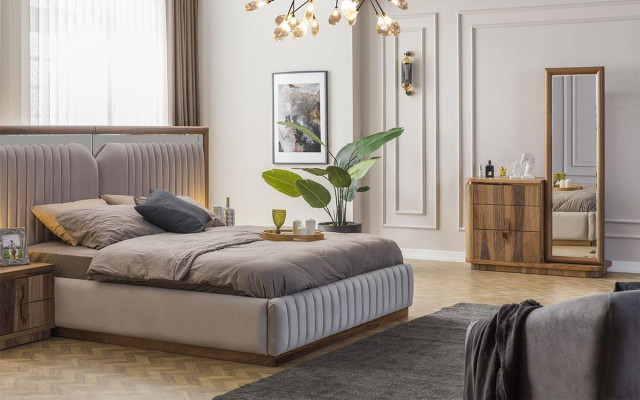 Nowoczesny Zestaw Sypialnia Łóżko + 2x Szafki nocne + Kredens z Lustro Modern