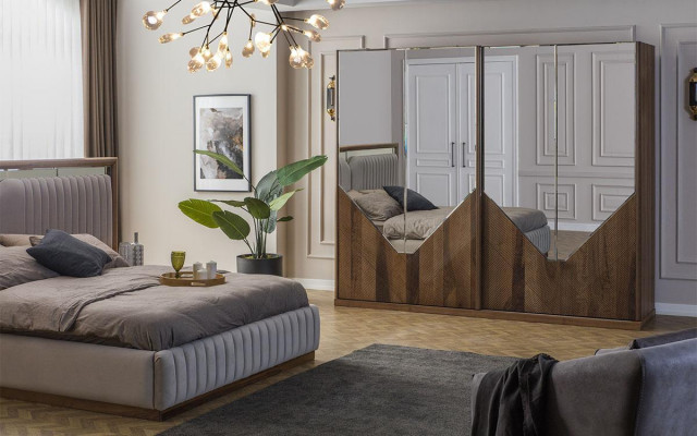 Luksusowy zestaw Sypialnia Łóżko + 2x Szafki nocne + Szafa Modern Complete