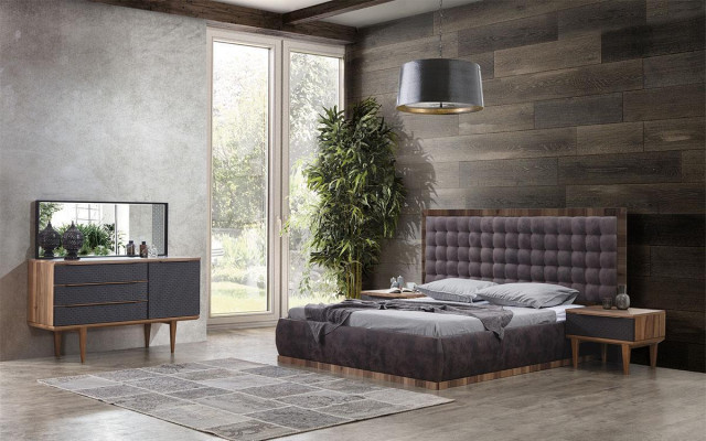 Sypialnia Zestaw Łóżko + 2x Szafki nocne + Kredens + Lustro Design Meble 5 sztuk