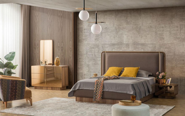 Sypialnia Zestaw Łóżko + 2x Szafki nocne + Kredens + Lustro Design Meble Nowość 5 sztuk