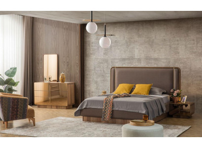 Sypialnia Zestaw Łóżko + 2x Szafki nocne + Kredens + Lustro Design Meble Nowość 5 sztuk