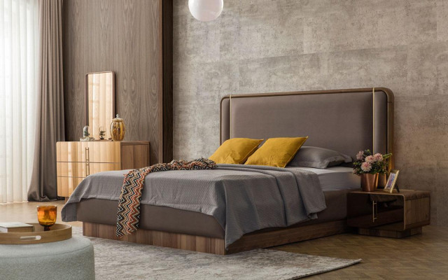 Sypialnia Zestaw Łóżko + 2x Szafki nocne + Kredens + Lustro Design Meble Nowość 5 sztuk