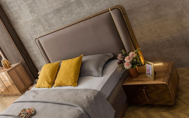 Sypialnia Zestaw Łóżko + 2x Szafki nocne + Kredens + Lustro Design Meble Nowość 5 sztuk