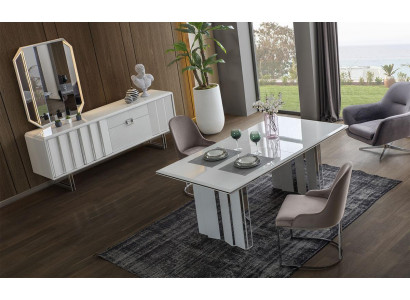 Luksusowy zestaw do jadalni Stół obiadowy + 6x Krzesła + kredens z Lustro Modern Complete