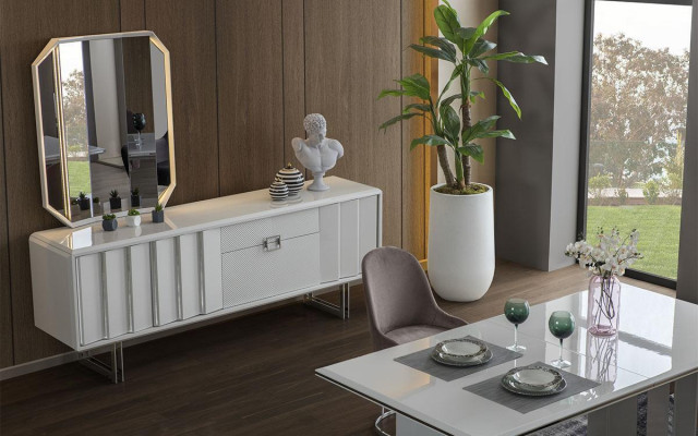 Luksusowy zestaw do jadalni Stół obiadowy + 6x Krzesła + kredens z Lustro Modern Complete