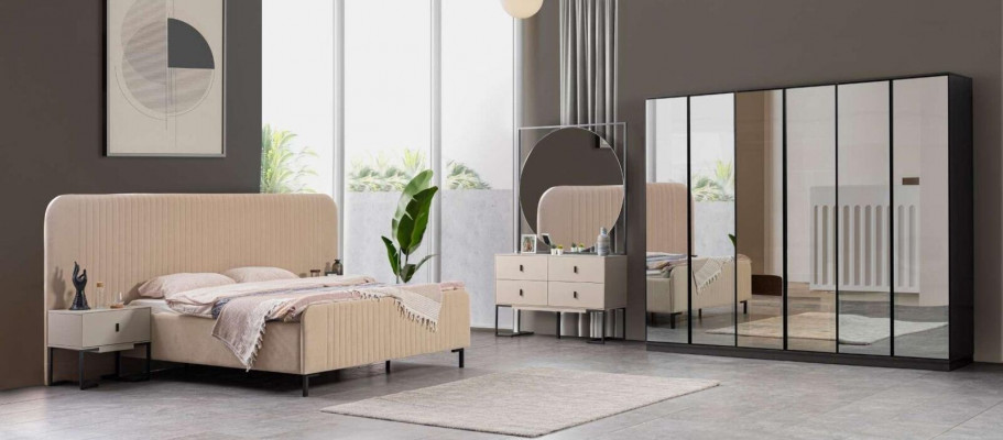 Sypialnia Zestaw Łóżko 2x Szafki nocne Toaletka Designer Meble 5-częściowy.
