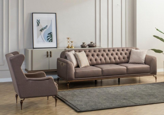 Beżowy Zestaw Sofowy Chesterfield Living Room 3+1 miejsce do siedzenia Luksusowa Kanapa Nowość