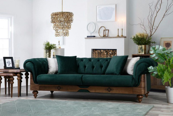 Trzyosobowa kanapa Green Chesterfield, sofy do salonu, kanapa do siedzenia