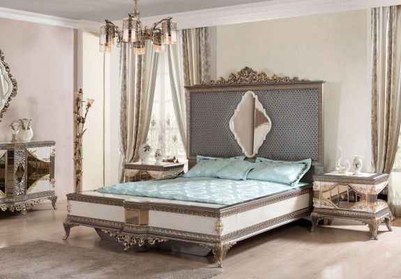 Classic Szary Sypialnia Luxury Ustawić Podwójne łóżko 2x Szafki nocne