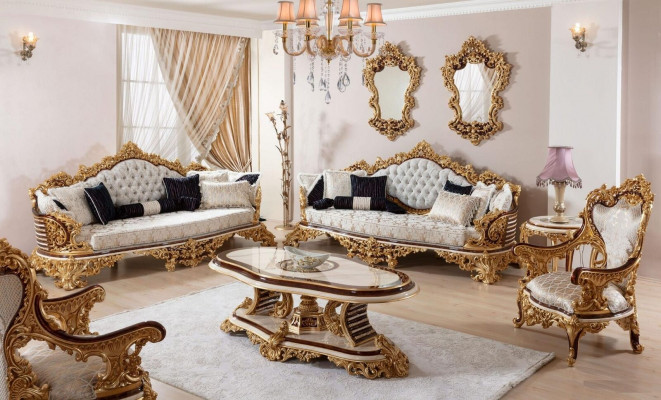 Biały -Golden Chesterfield Zestaw sofowy 3+3+1 miejsce siedzące Sofa Fotel 3-częściowy