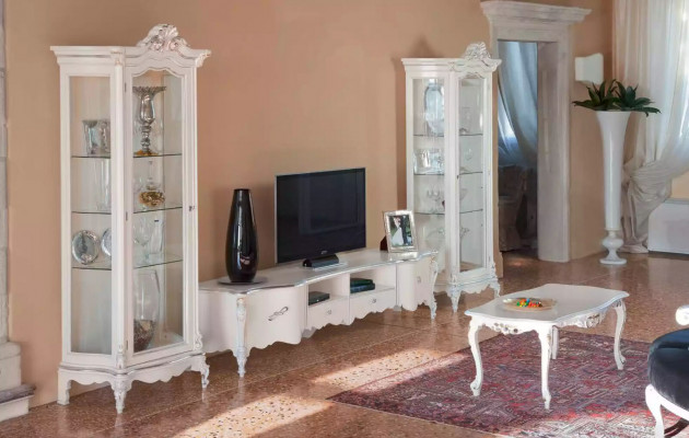 Biały salon Jednostka ścienna Luksusowe meble stojak TV 2x witryna stolik kawowy