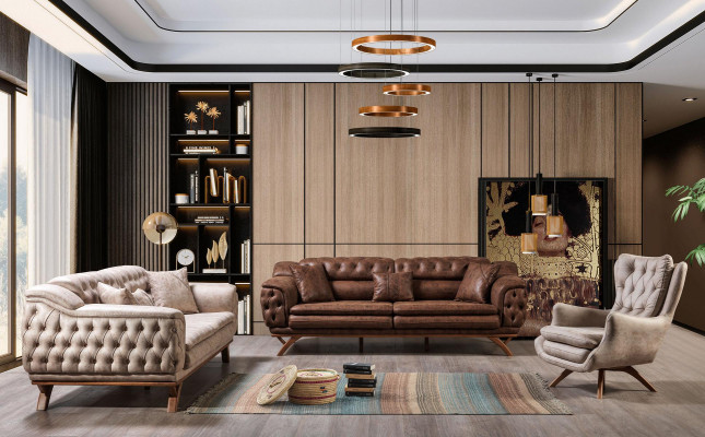 Zestaw sofowy 3+3+1 miejsce do siedzenia Meble Set Design Sofy sztuczna skóra Chesterfield