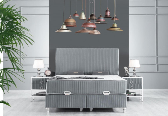 Zestaw Sypialnia Szare metalowe łóżko Boxspring Design 2x Szafki nocne Nowość 3-częściowy.