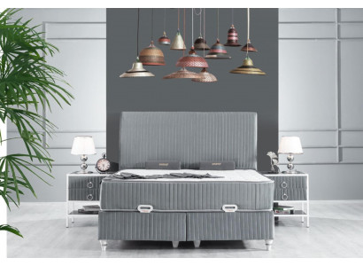 Zestaw Sypialnia Szare metalowe łóżko Boxspring Design 2x Szafki nocne Nowość 3-częściowy.