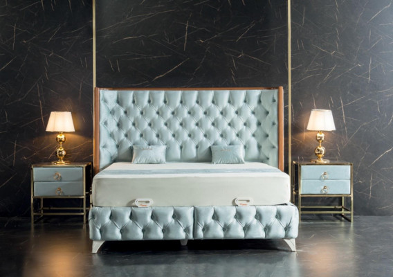 Sypialnia Zestaw Białe Metalowe Łóżko Chesterfield Luxury Style 2x Szafki nocne 3-częściowe.