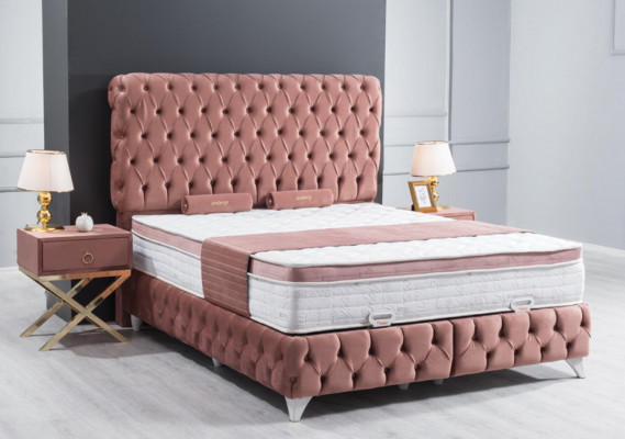 Box Spring Pink Chesterfield Łóżko Elegancki Design Luksusowe 2x Szafki nocne 3-częściowe.