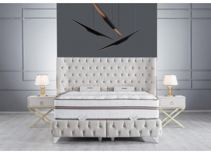 Zestaw Sypialnia Biały Boxspring Łóżko Chesterfield Eleganckie 2x Szafki nocne 3-częściowe.