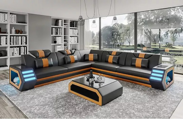 Projekt narożnika do salonu Narożnikowa kanapa Meble skórzana tapicerka kanapa sofa w kształcie litery L + stolik