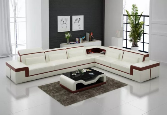 Projekt Salonu Narożnikowa kanapa Meble Narożnik Skórzana Kanapa Tapicerowana Sofa L Kształt + Tabela