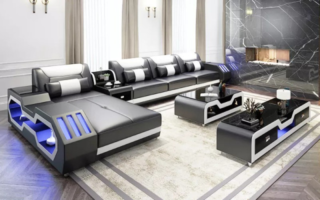 Skórzana Sofa Podświetlana Led Designerska Narożnik Podkładka Zestaw narożny Sofa 2-częściowa