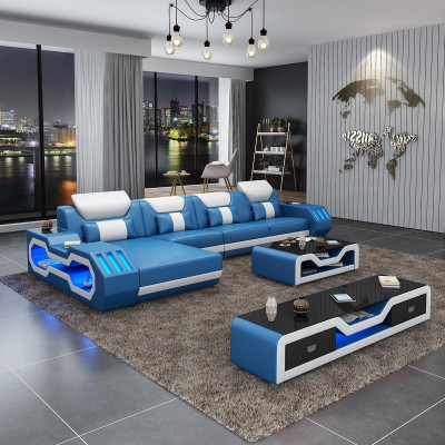Skóra Modern Couch Żywy krajobraz Skórzana sofa Zestaw sofowy Sofa w kształcie litery L, stolik kawowy