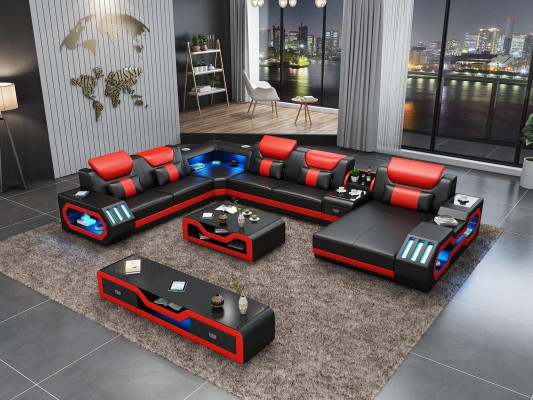 Design Duża Sofa z USB Narożnikowa kanapa Kanapa Wohlandschaft U Form Skóra Włókienniczy Narożnik