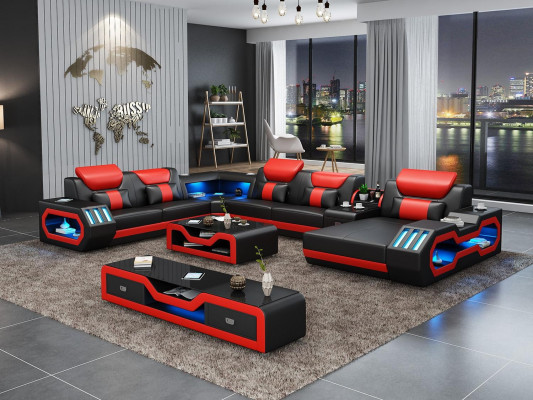 Design Duża Sofa z USB Narożnikowa kanapa Kanapa Wohlandschaft U Form Skóra Włókienniczy Narożnik