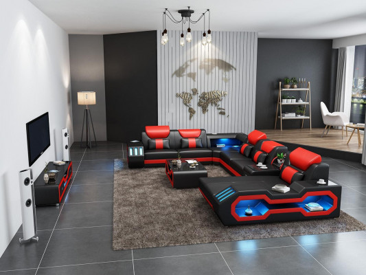 Design Duża Sofa z USB Narożnikowa kanapa Kanapa Wohlandschaft U Form Skóra Włókienniczy Narożnik