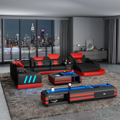 Narożnikowa kanapa Kształt U Kredens stolik kawowy Couch Design Szara Podkładka Skóra Nowoczesny 3-częściowy.