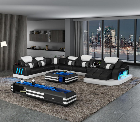 Narożnikowa kanapa Kształt U Kredens stolik kawowy Couch Design Szara Podkładka Skóra Nowoczesny 3-częściowy.