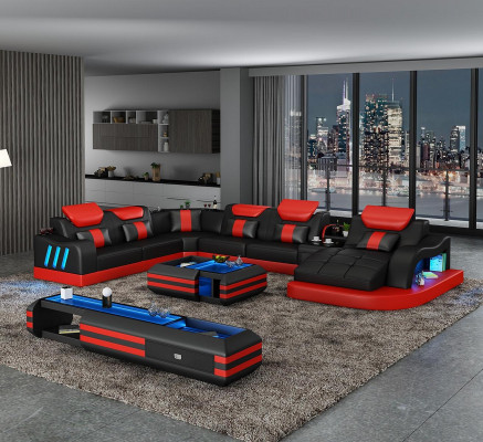 Narożnikowa kanapa Kształt U Kredens stolik kawowy Couch Design Szara Podkładka Skóra Nowoczesny 3-częściowy.