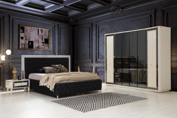Chesterfield Łóżko 2x Stolik nocny Kredens Lustro Stołek Sypialnia Zestaw 6 sztuk